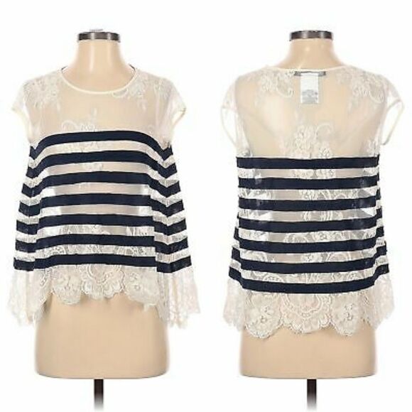 BCBGMAXAZRIA Lace Striped Boxy Sheer Blouse S - Picture 1 of 8